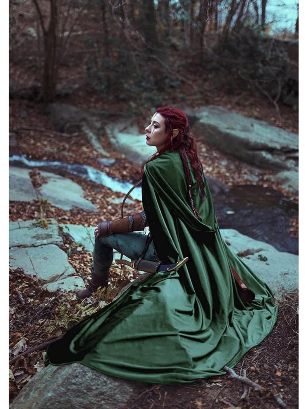 Adult Green Velvet Hooded Cloak Cape Halloween Witch Vampire Cosplay Costume - Picture 4 of 6